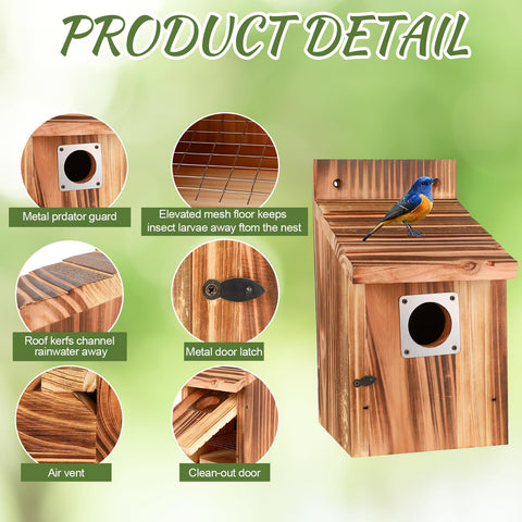 JZTKQTM bluebird nesting box with natural wood finish and appropriate entry.