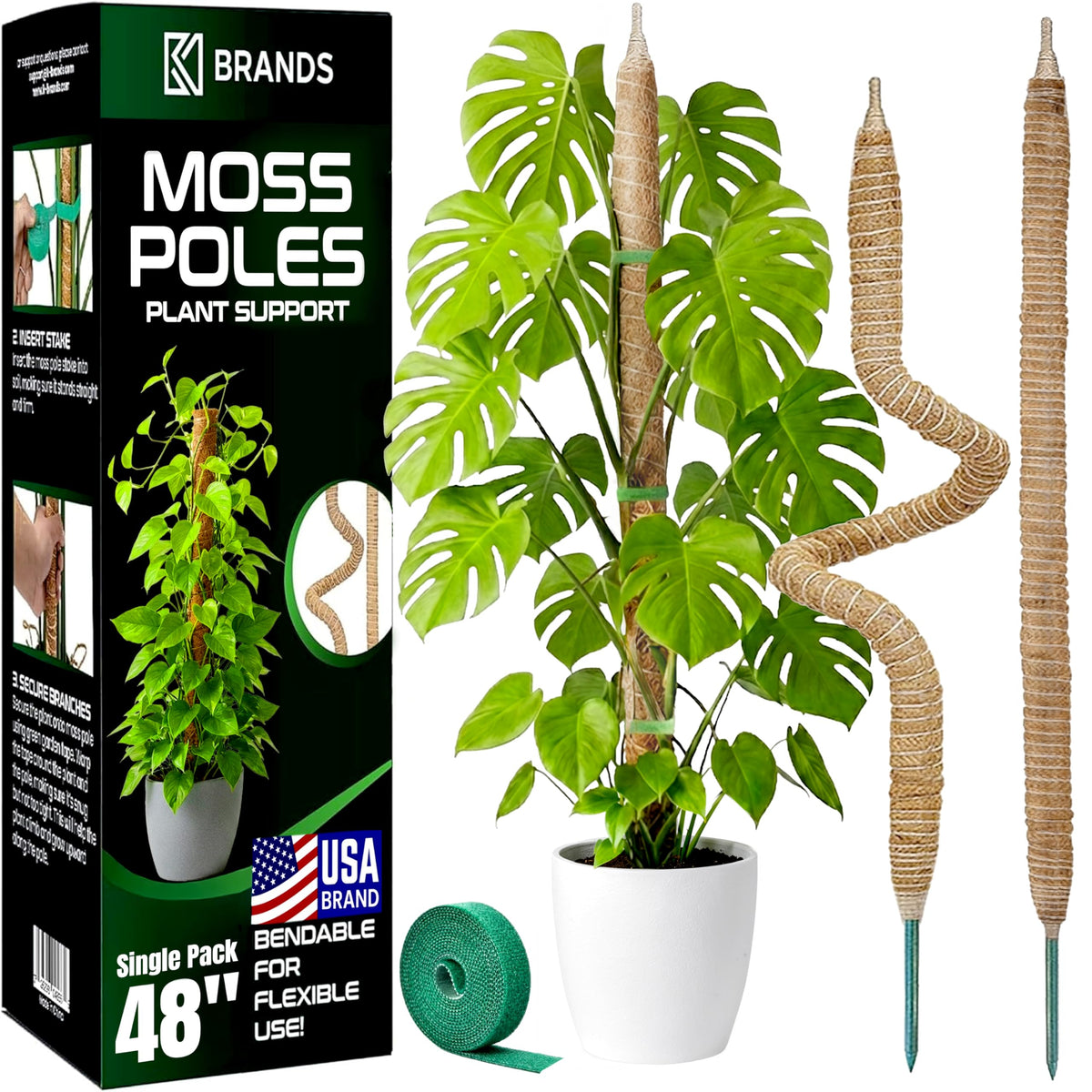 K-Brands 48-inch bendable moss pole supports Monstera climbing plants for sturdy growth.