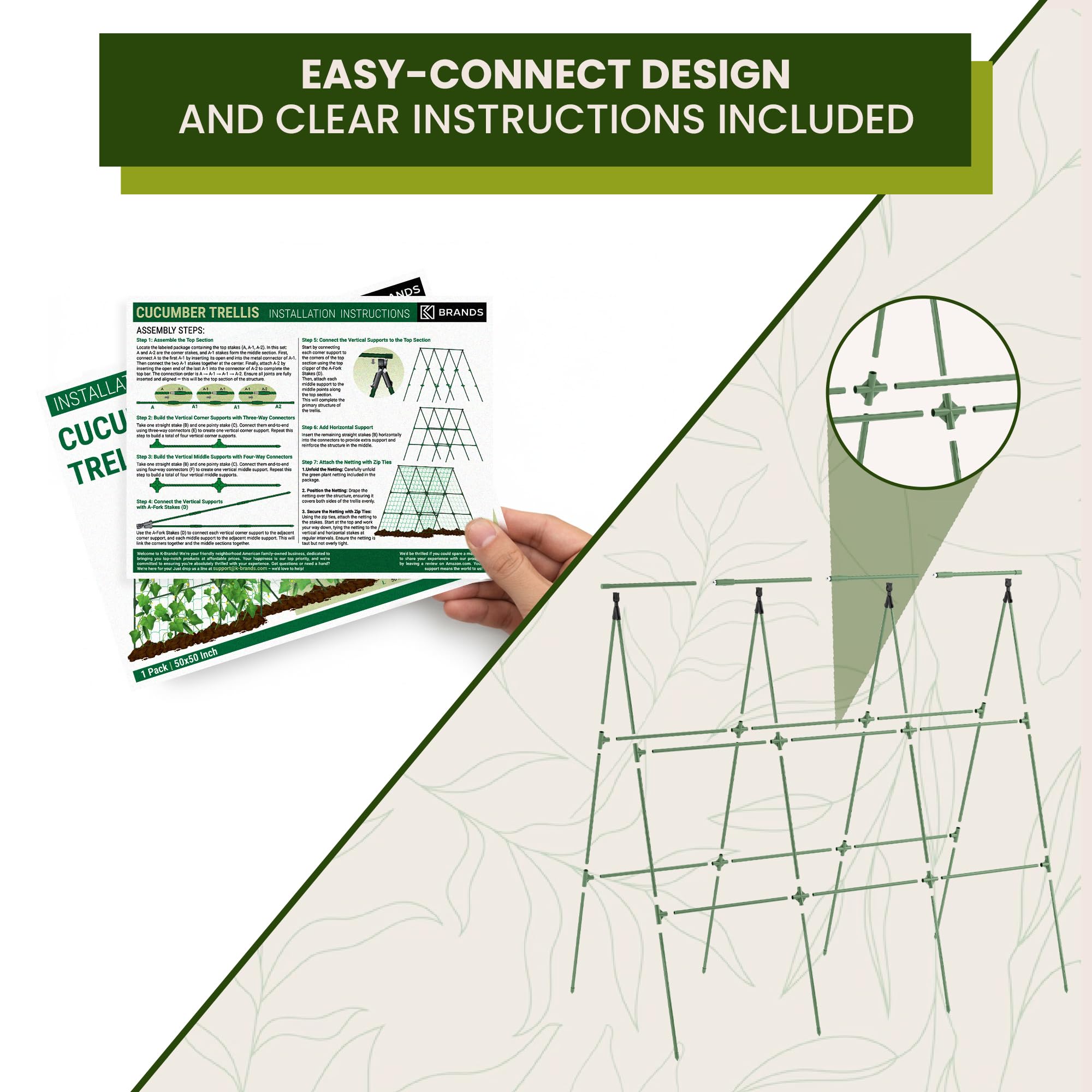 K-Brands 50x50 cucumber trellis promotes vertical growth for cucumbers and beans