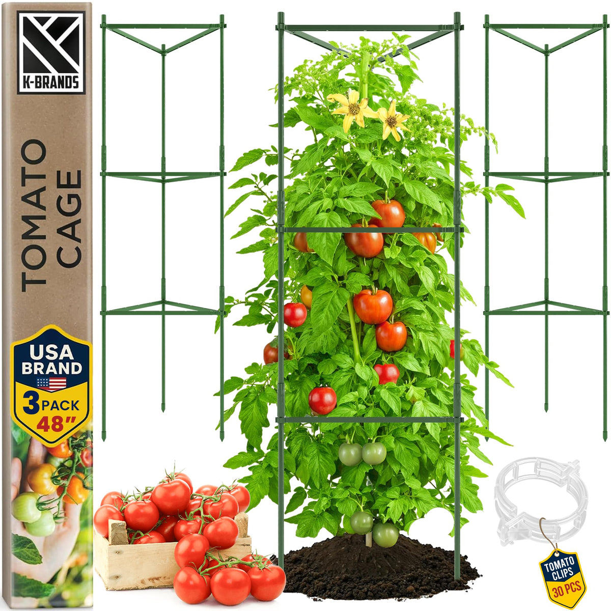 K-Brands tomato cage 48-inch triangle and square setup supports tall vines.