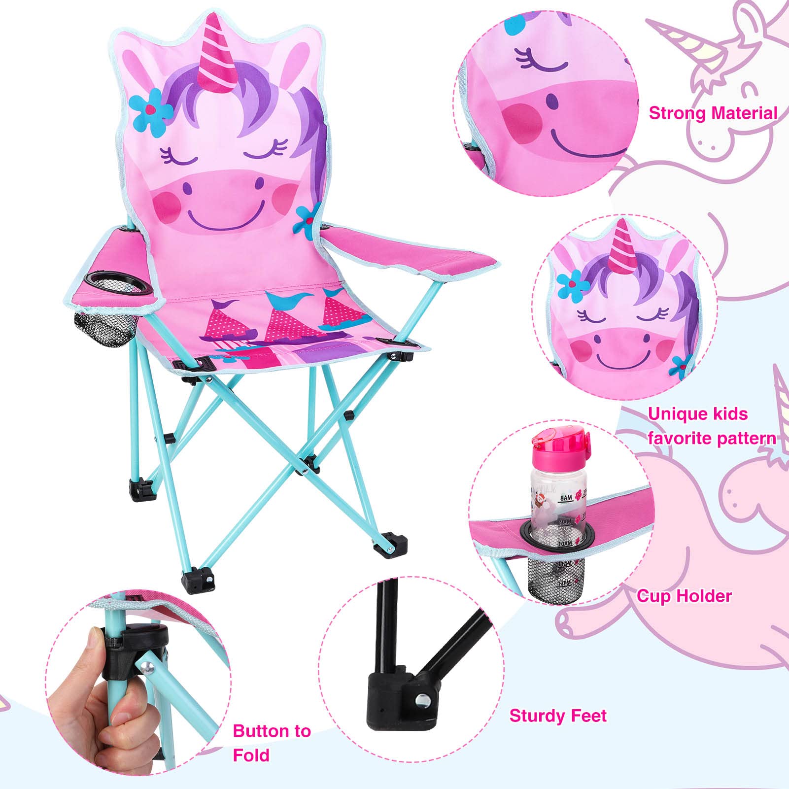 KABOER kids pink unicorn chair with cup holder keeps drinks handy.