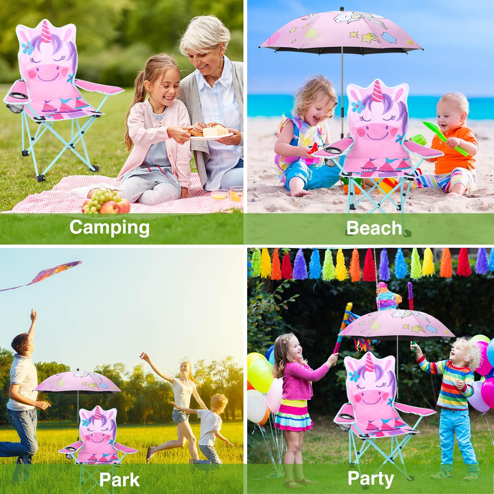 KABOER kids pink unicorn chair with detachable parasol for shade.