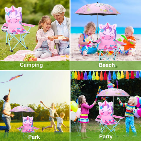 KABOER kids pink unicorn chair with detachable parasol for shade.