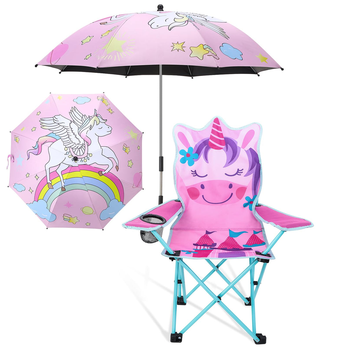 KABOER kids pink unicorn chair folded for easy transport.