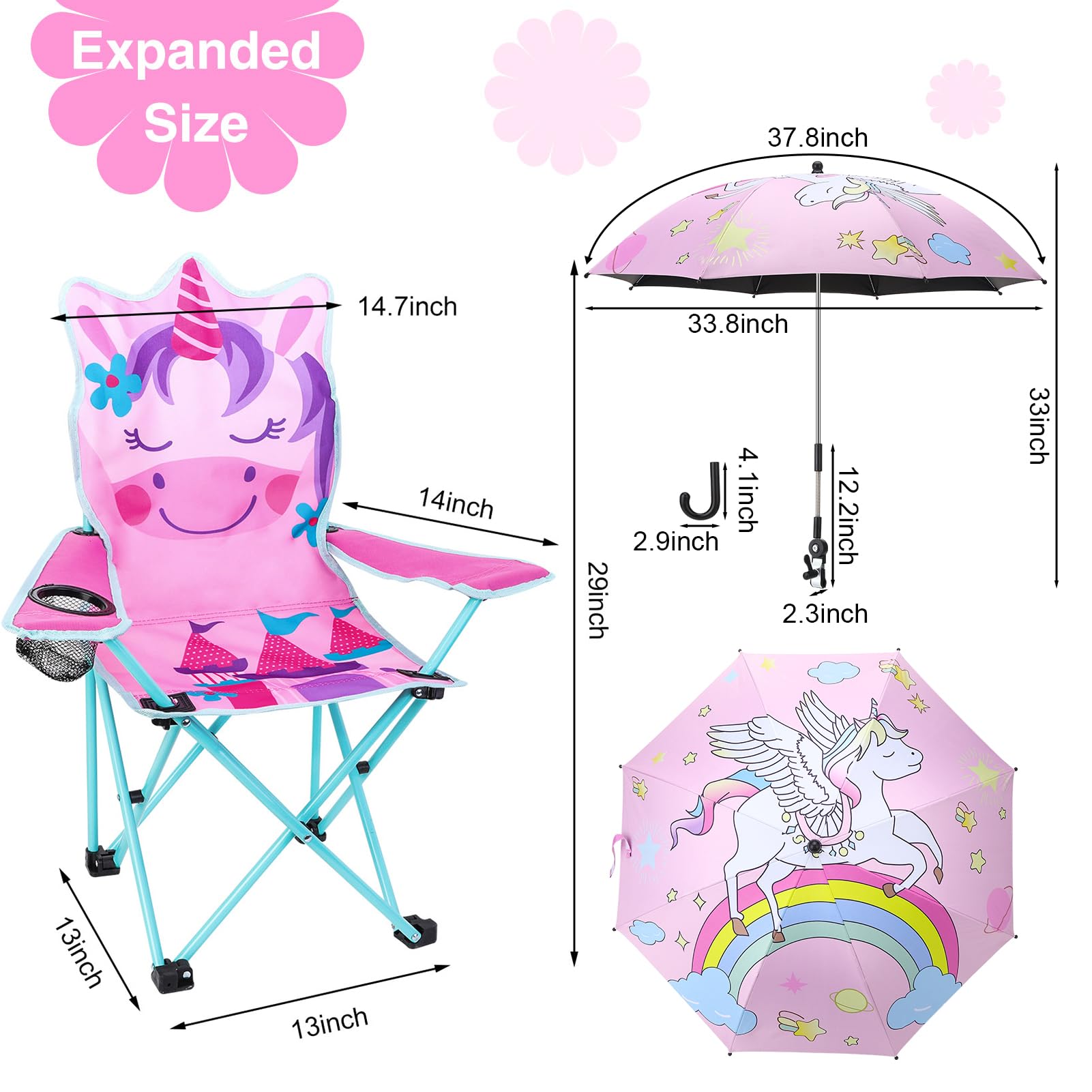 KABOER kids pink unicorn chair open on the beach for rest.