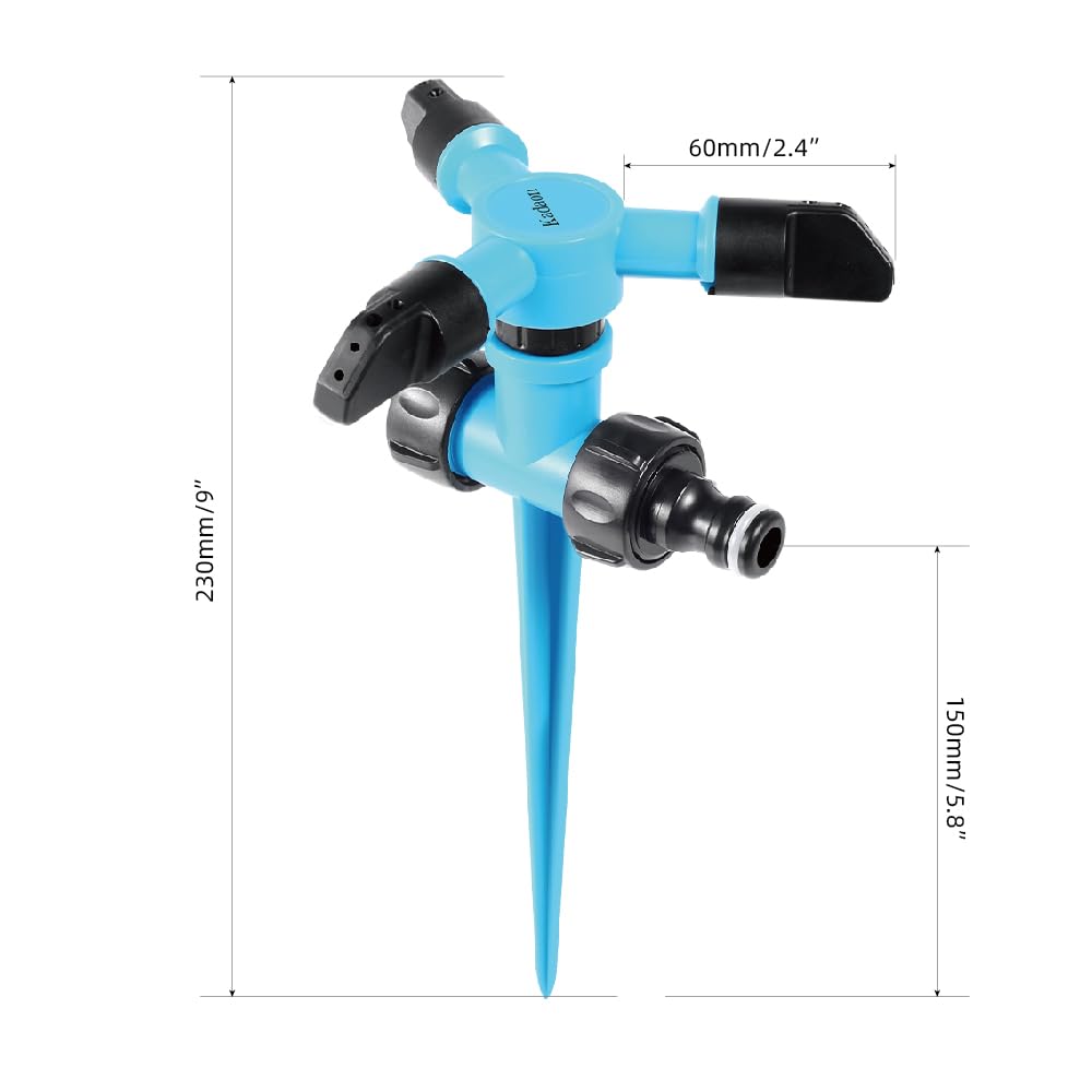 Kadaon Garden Sprinkler shows adjustable-direction nozzle with direct and 45-degree spray.