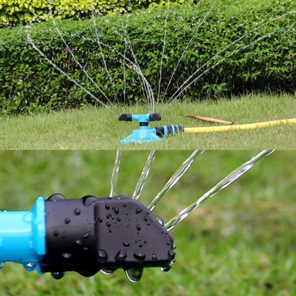 Kadaon sprinkler in family garden used for outdoor water play and irrigation.