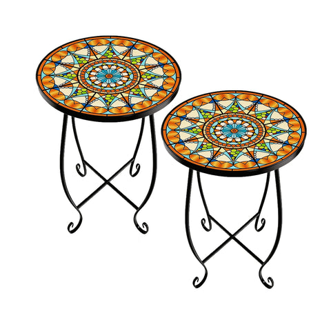 Kaesithar mosaic sun round table glimpse showcases cheerful patio style, ideal as a drink tray.