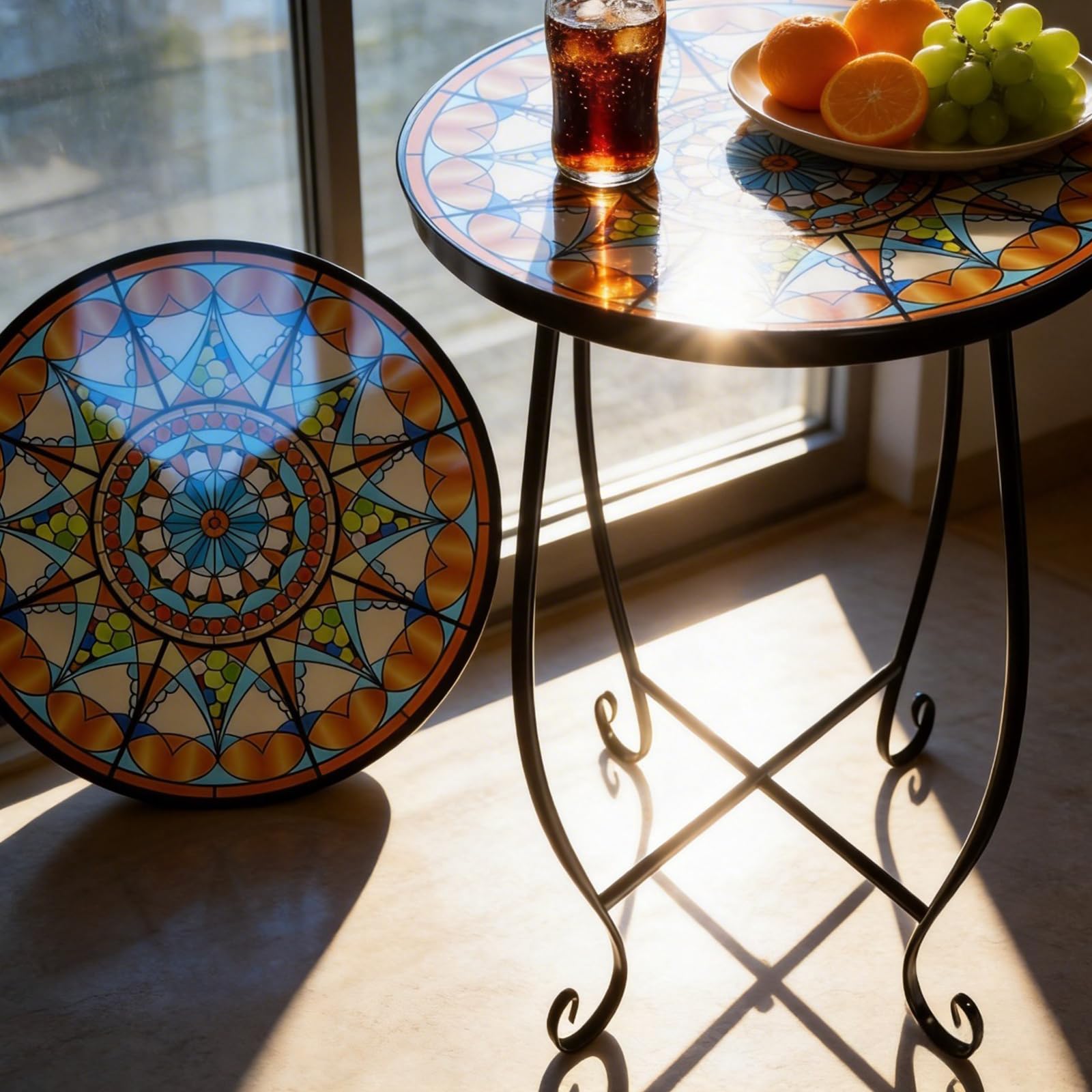 Kaesithar mosaic sun round table pair creates balanced outdoor seating.