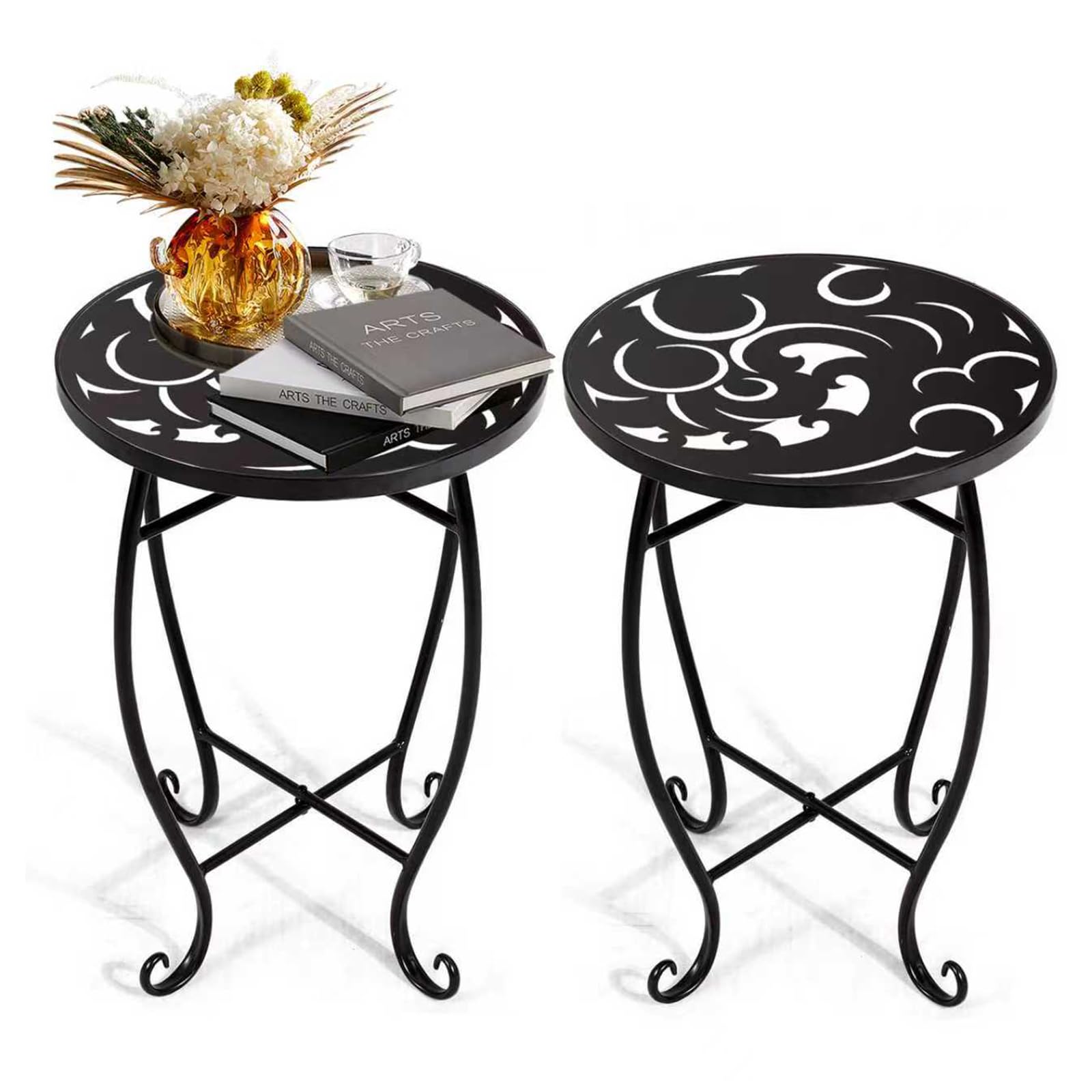 Kaesithar plant stand with wrought-iron pedestal elevating pots gracefully.