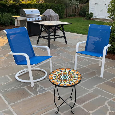 Kaesithar sun mosaic detail highlights vibrant colors for garden decor.