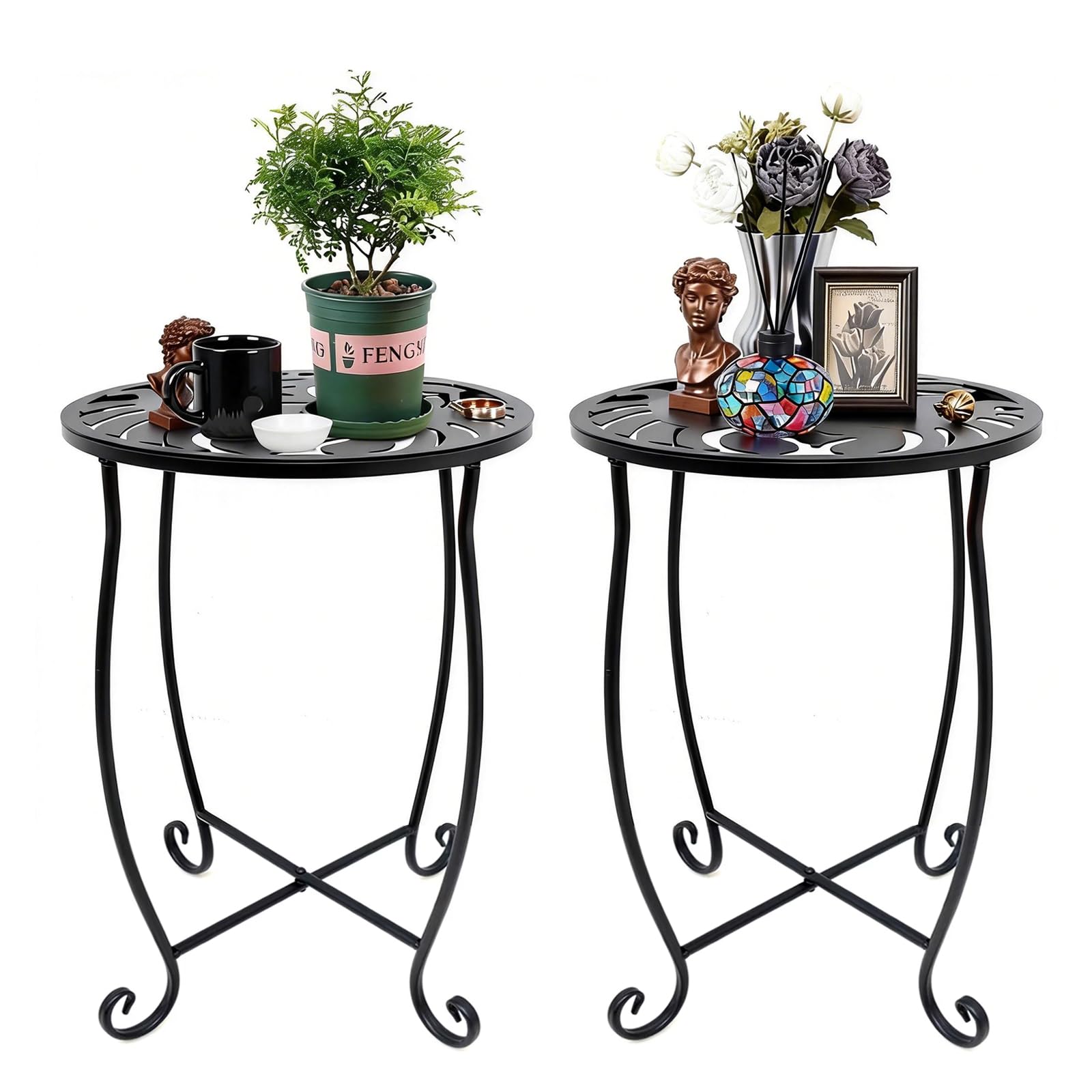 Kaesithar two-pack side tables with Monstera pattern add compact outdoor elegance.
