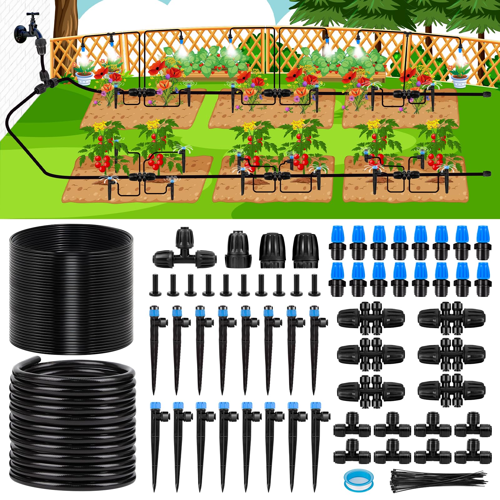 Kafuzi 230FT kit assembled for broad garden coverage with scalable irrigation.