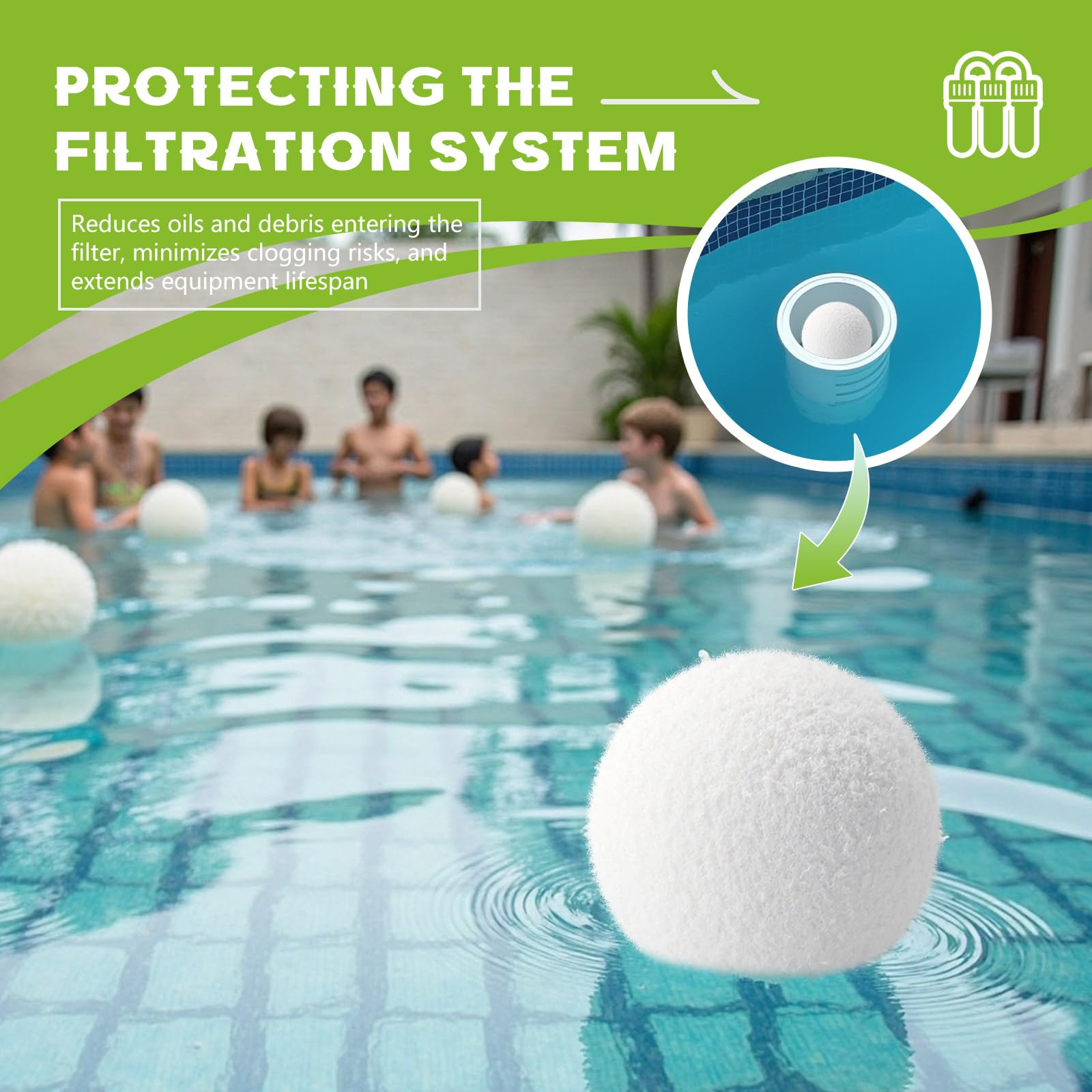 Kaifansun multi-purpose scum absorber ball near pool edge for bathroom and kitchen cleanup.