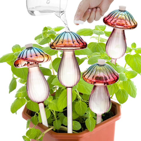 Kaimfdg mushroom watering globes with rainbow gradient provide automatic hydration for indoor plants.