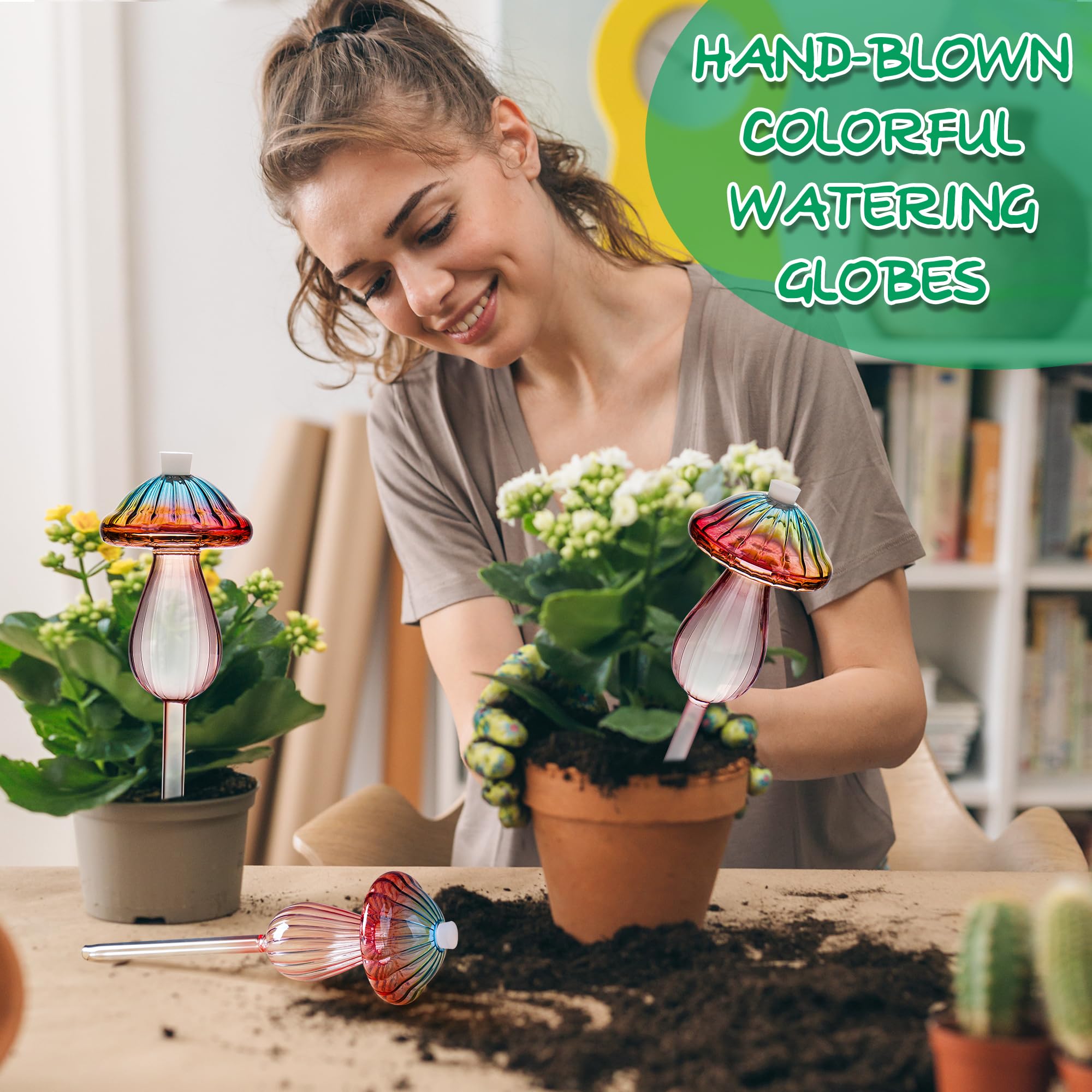 Kaimfdg rainbow gradient mushroom globes ready to water indoor plants while traveling.