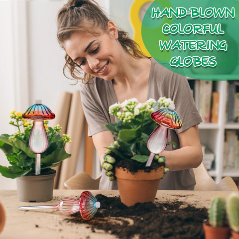 Kaimfdg rainbow gradient mushroom globes ready to water indoor plants while traveling.