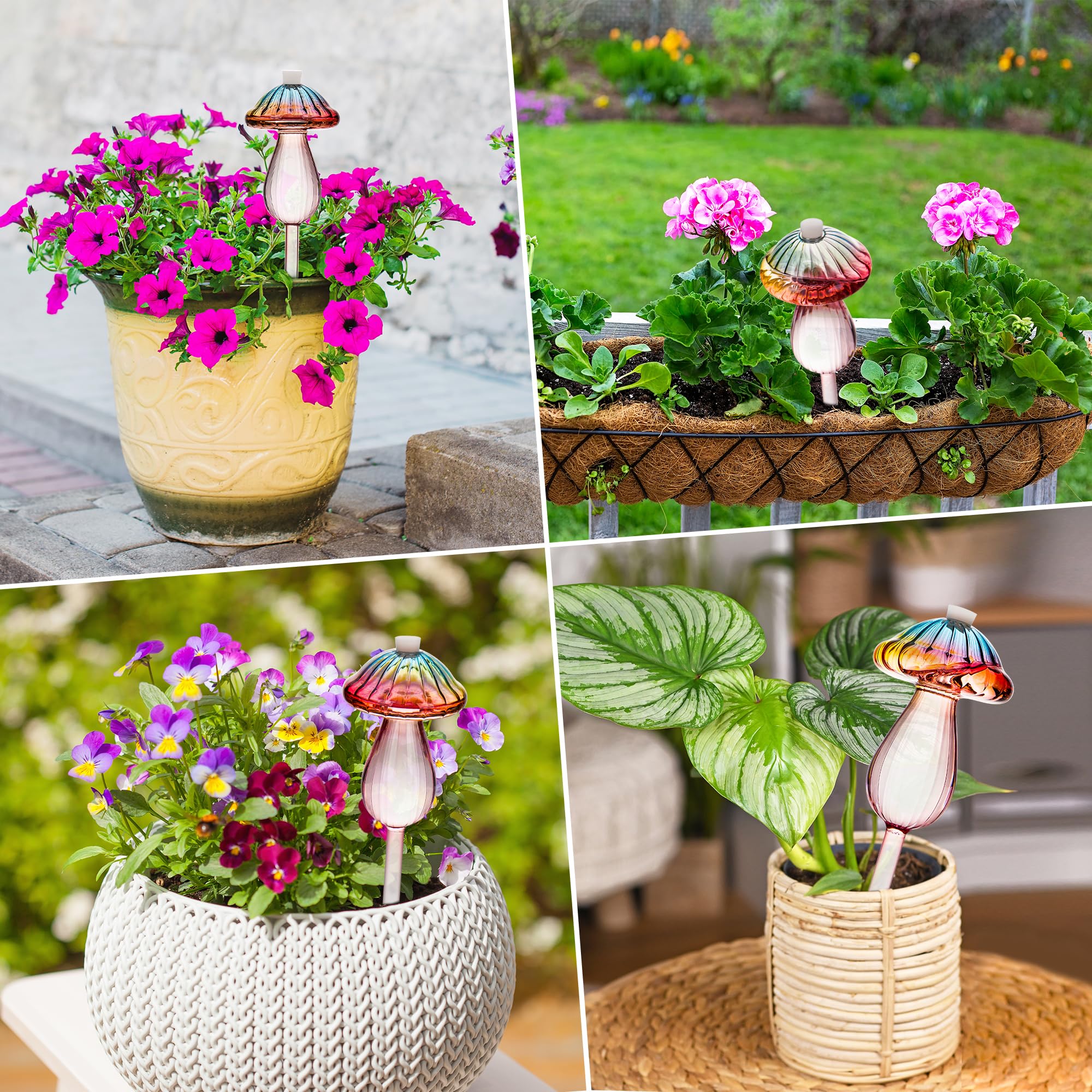 Kaimfdg mushroom globes maintain soil moisture for small to medium plants.