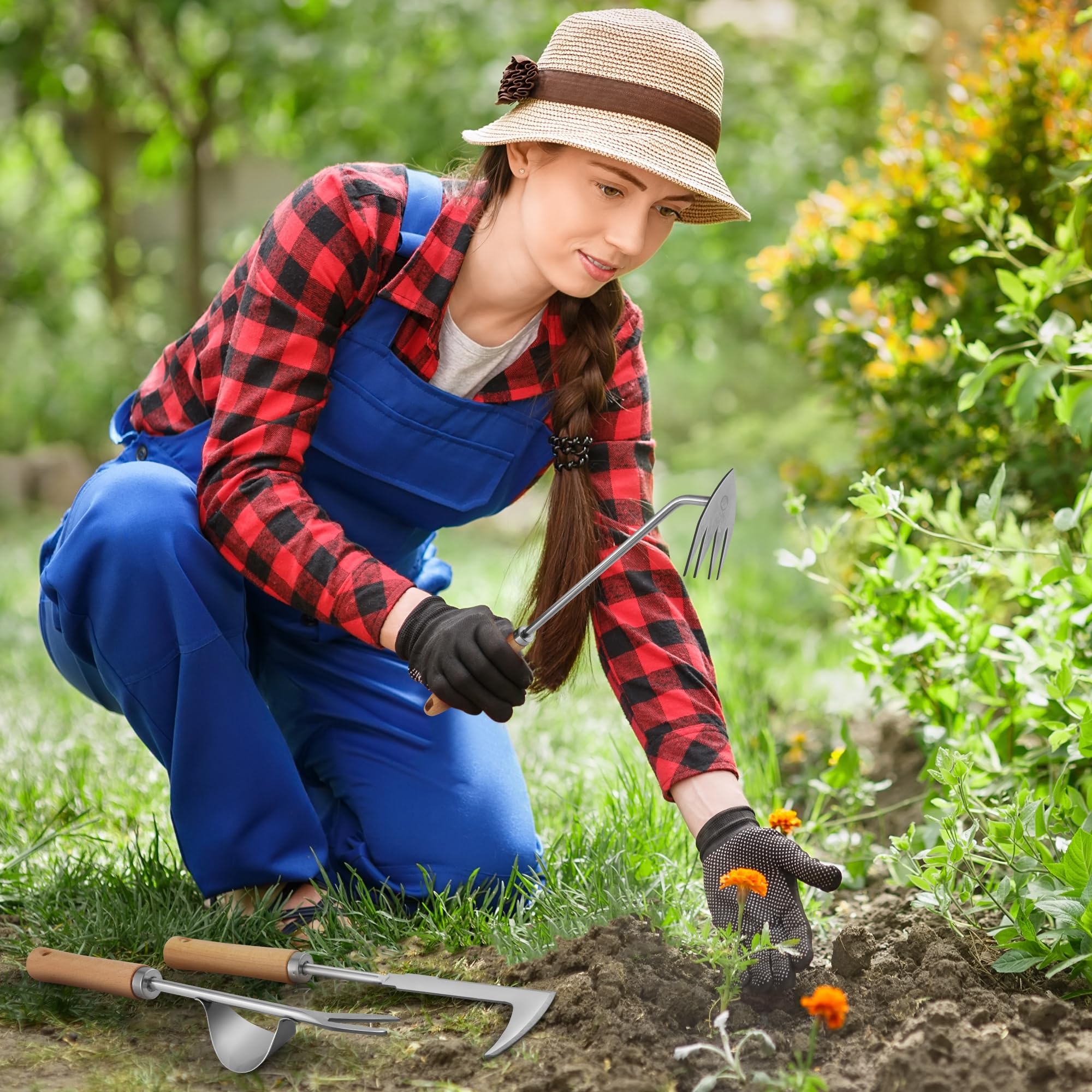 Kaimfdg stainless steel crack weeder cuts through weeds between stones.