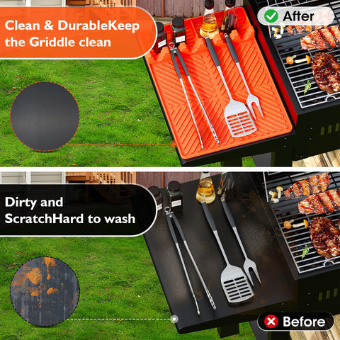 Kaisiking grill mat with raised edges catches oil and sauce drips.