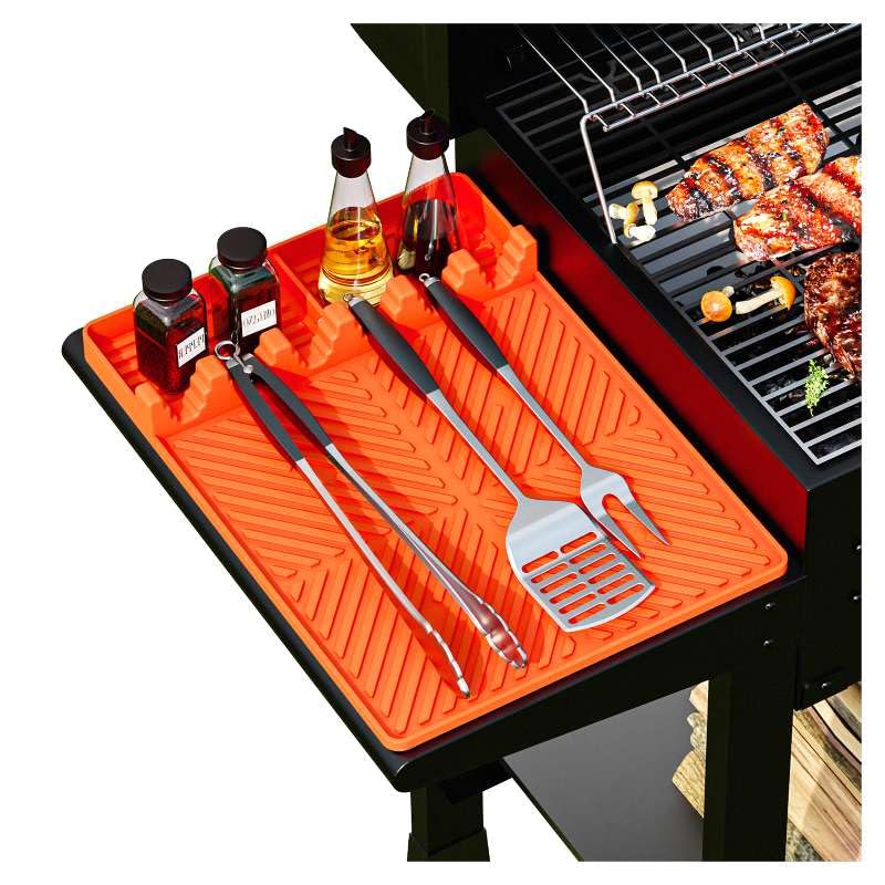 Kaisiking silicone grill mat on side shelf keeps tools organized and within easy reach.