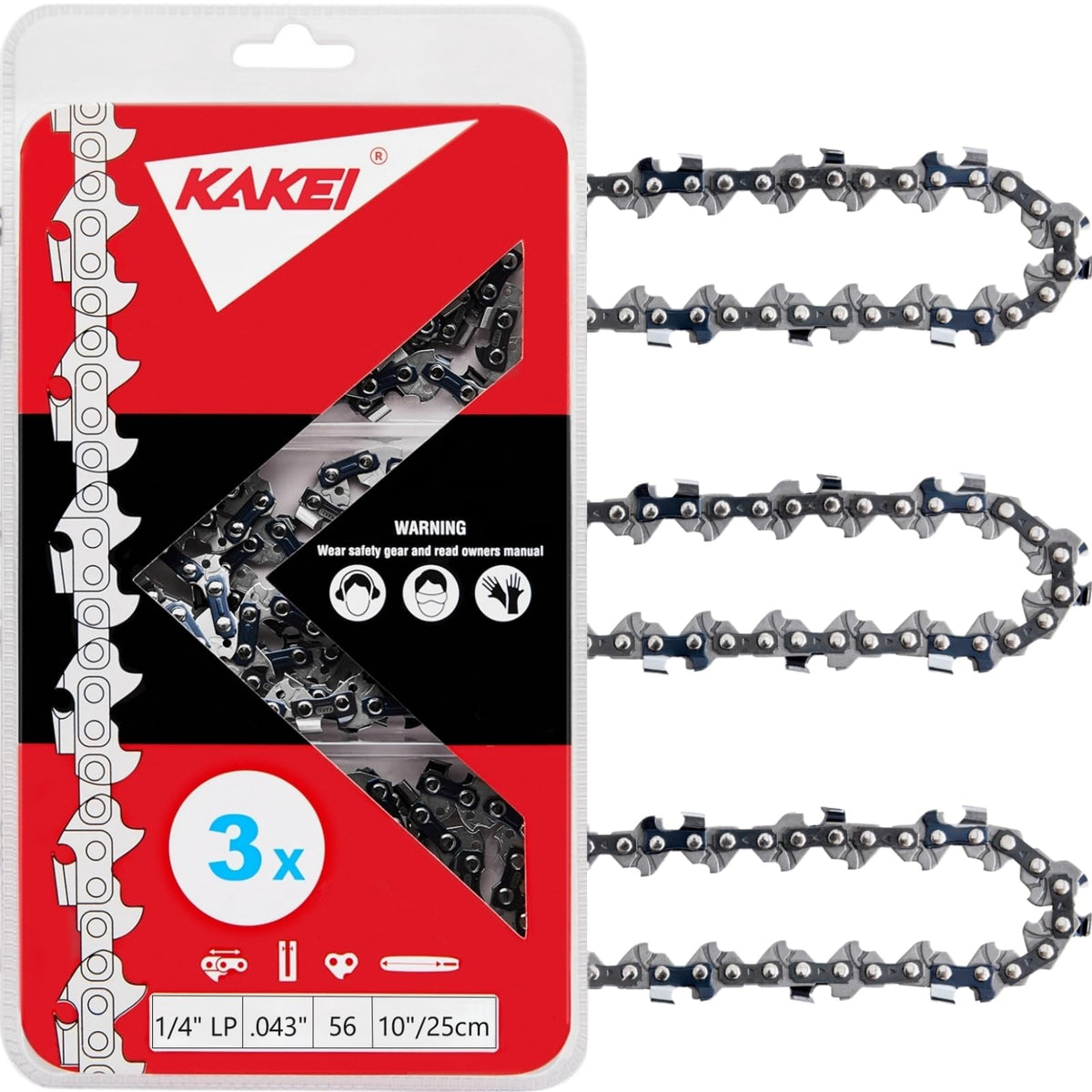 KAKEI 10-inch pole saw chain close-up shows 56 links for reliable cutting