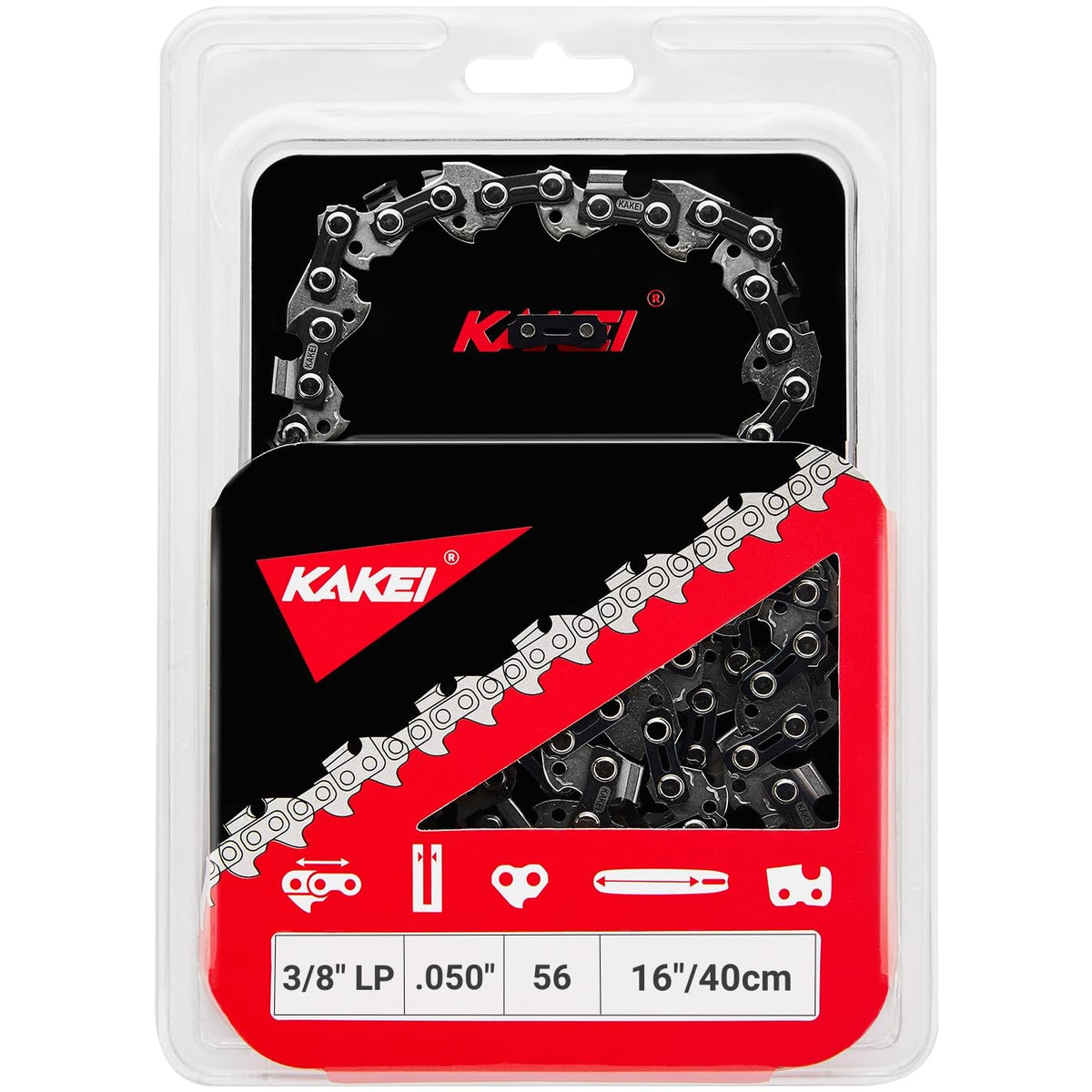 KAKEI 16-inch chain with 38LP pitch for smoother cutting and reduced kickback.