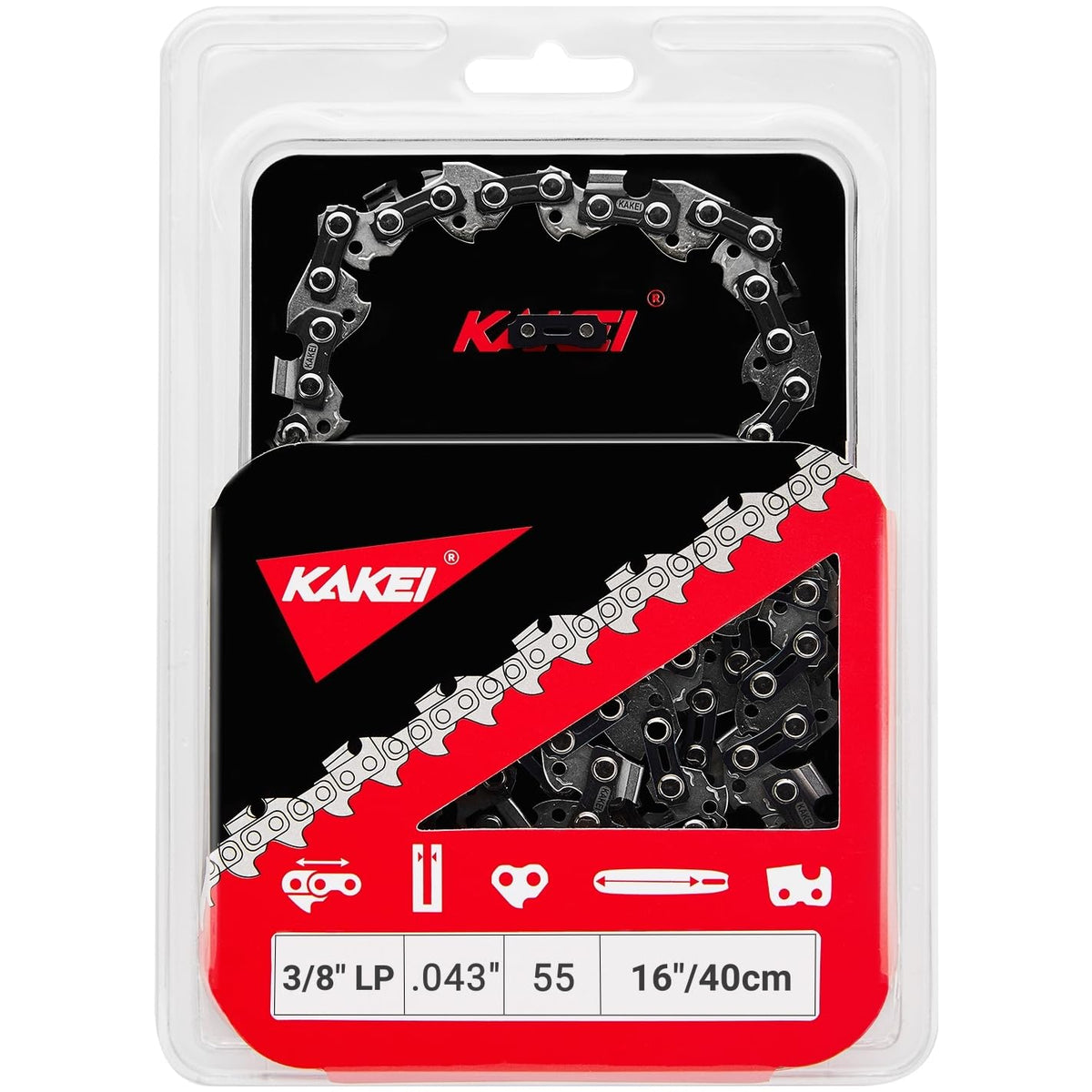 KAKEI chainsaw chain close-up shows sharp cutters for precise cutting.