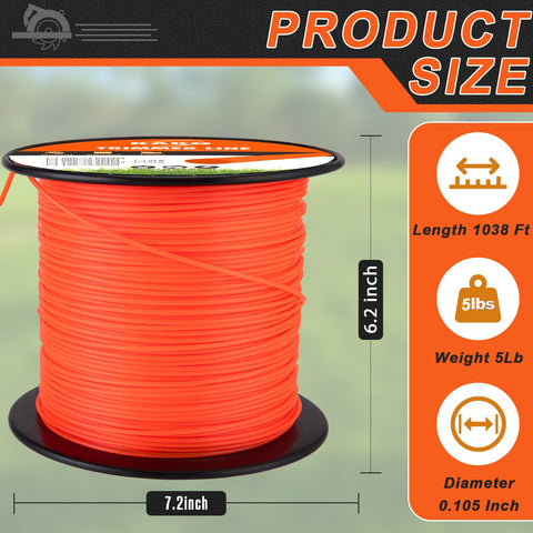 Heavy-duty round trimmer line spool showing 1038 feet of line in orange