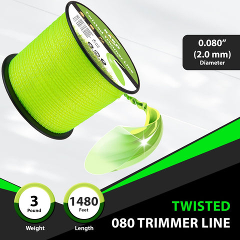 KAKO twisted 0.08 inch line showing a sharp cutting edge for dense weeds.
