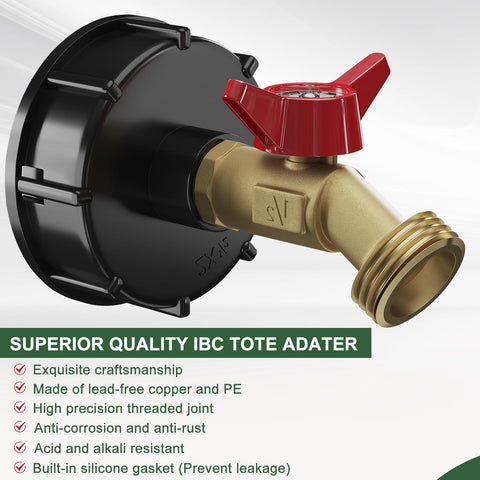 KAKSEY IBC tote adapter connects tank to garden hose.