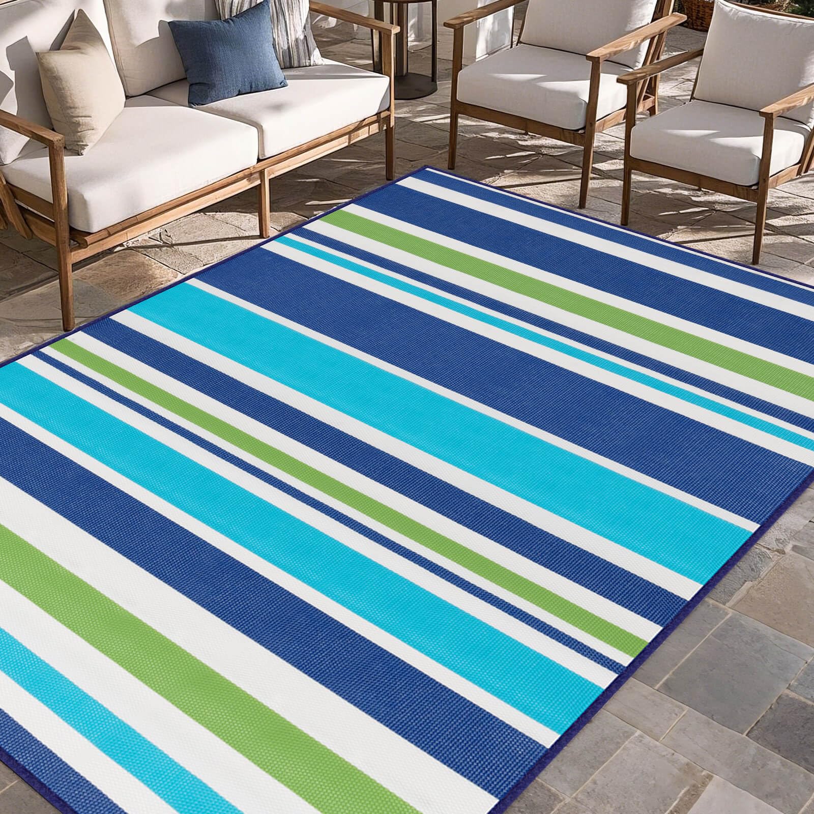 Kalafun outdoor patio rug, blue-green, front view, durable weave for outdoor spaces.