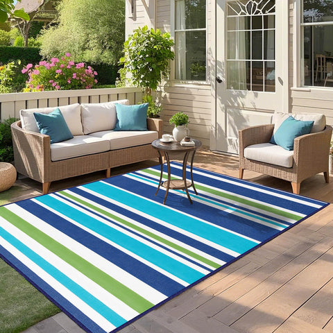 Kalafun outdoor rug on deck, durable surface under furniture and feet.