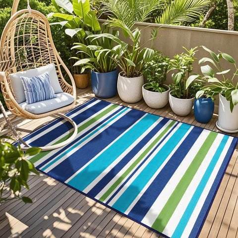 Kalafun blue-green striped rug; perfect poolside decoration and comfort.