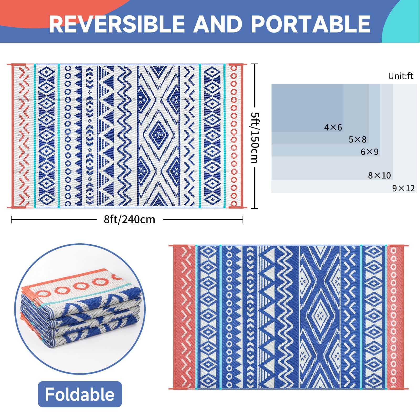 Kalafun portable patio rug foldable for camping and picnics outdoors.