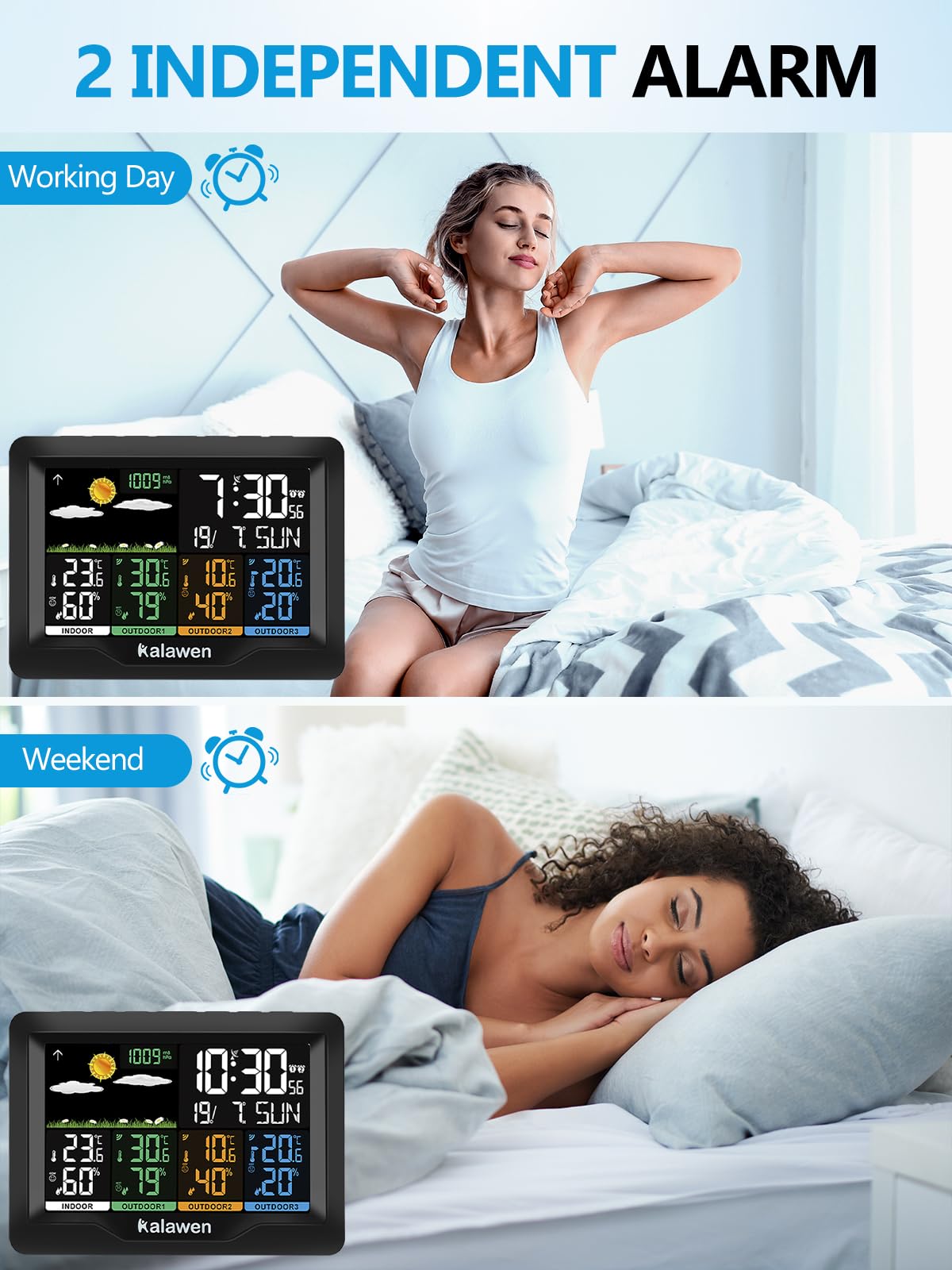 Kalawen alarm settings screen enabling dual alarms