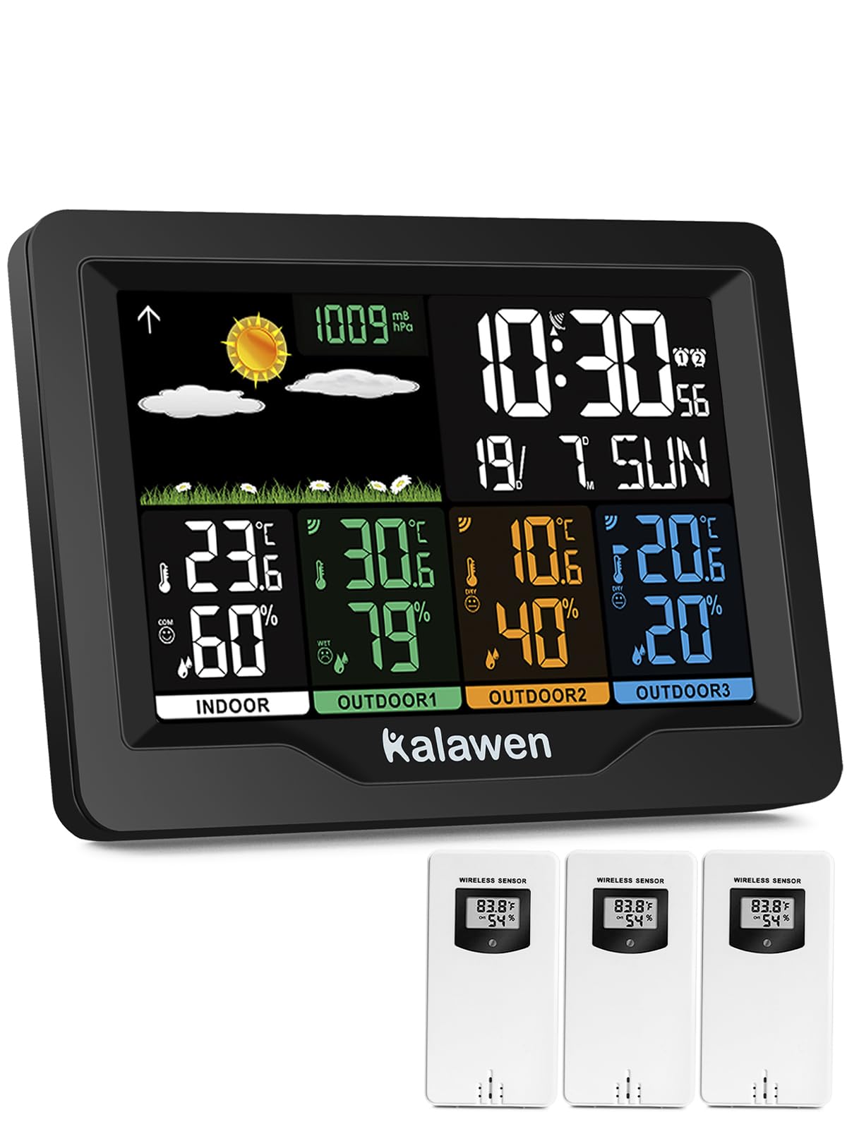 Kalawen weather station main display shows indoor and outdoor readings at a glance