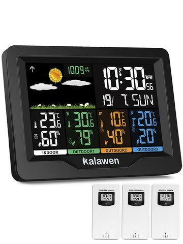 Kalawen weather station main display shows indoor and outdoor readings at a glance