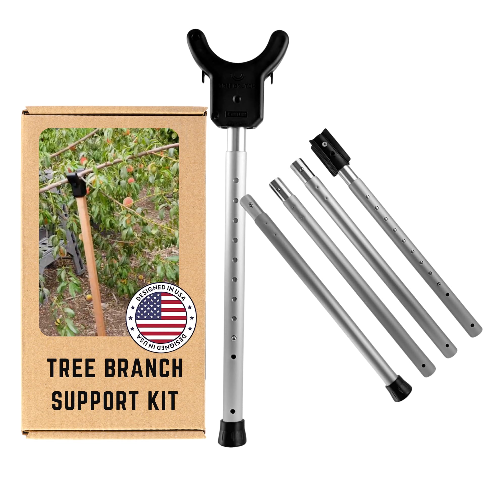 Kalinar adjustable tree pole extended demonstrates height versatility for leaning fruit trees.