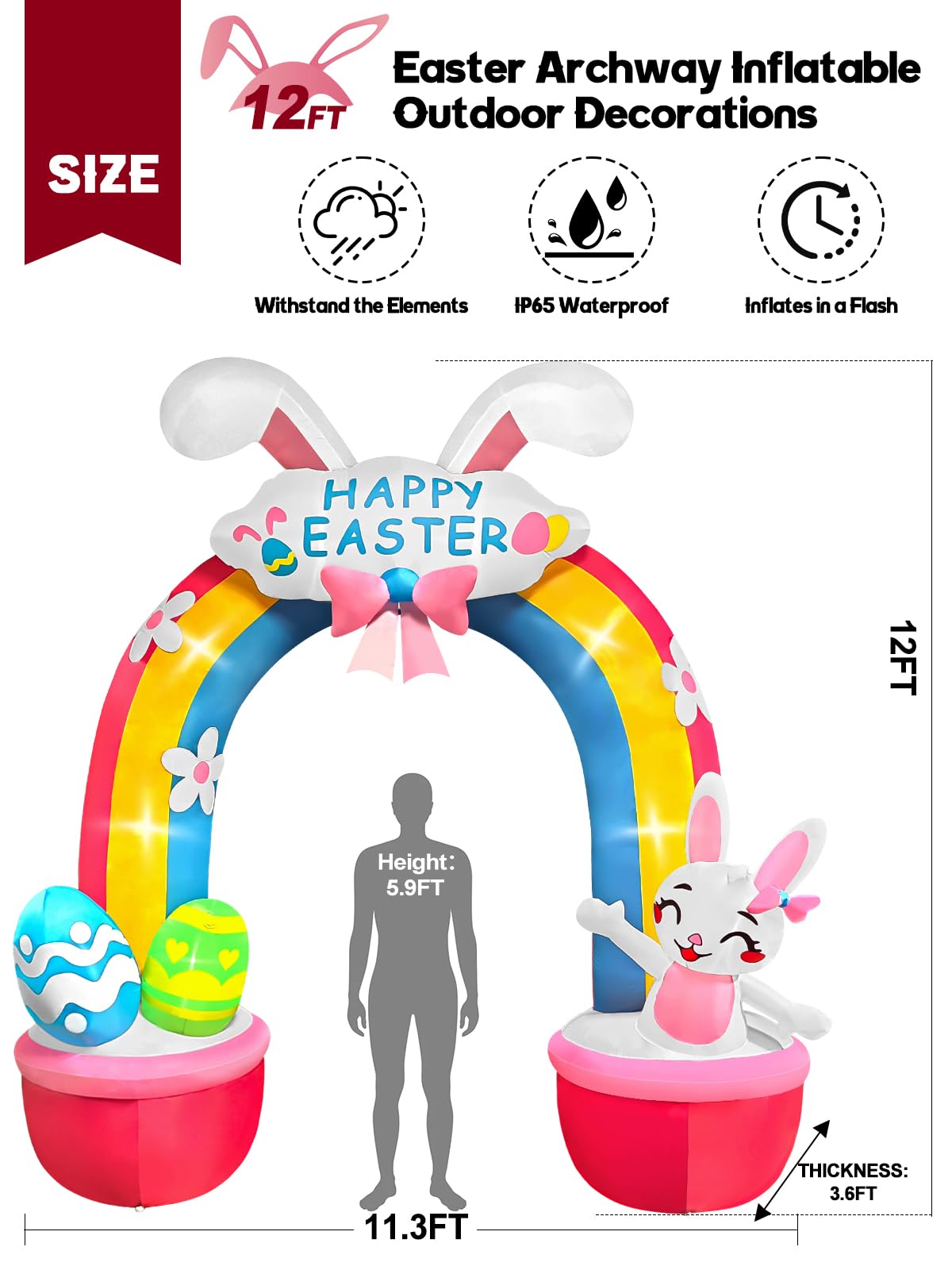 Kalolary 12ft rainbow arch inflatable with lights for night-time yard celebrations.