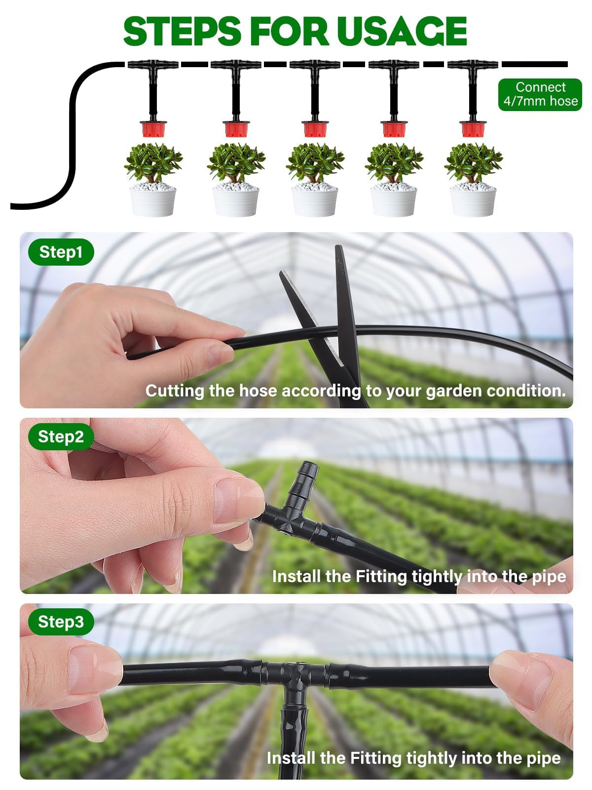 Kalolary 4mm-7mm tubing tee connection shows compatibility with common drip lines.