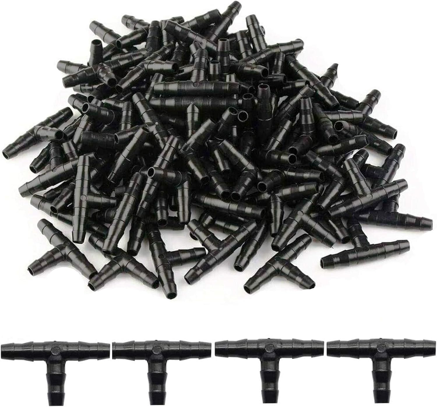 Kalolary barbed tee fittings pack shown for drip irrigation setup.
