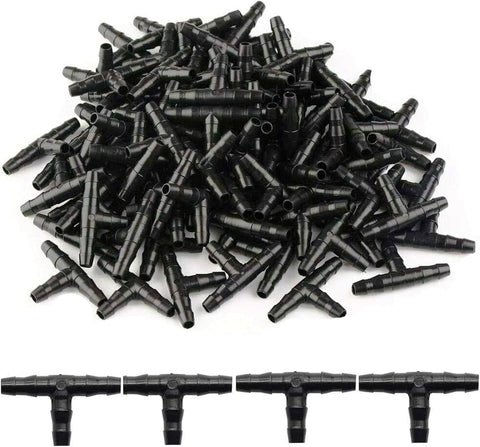 Kalolary barbed tee fittings pack shown for drip irrigation setup.
