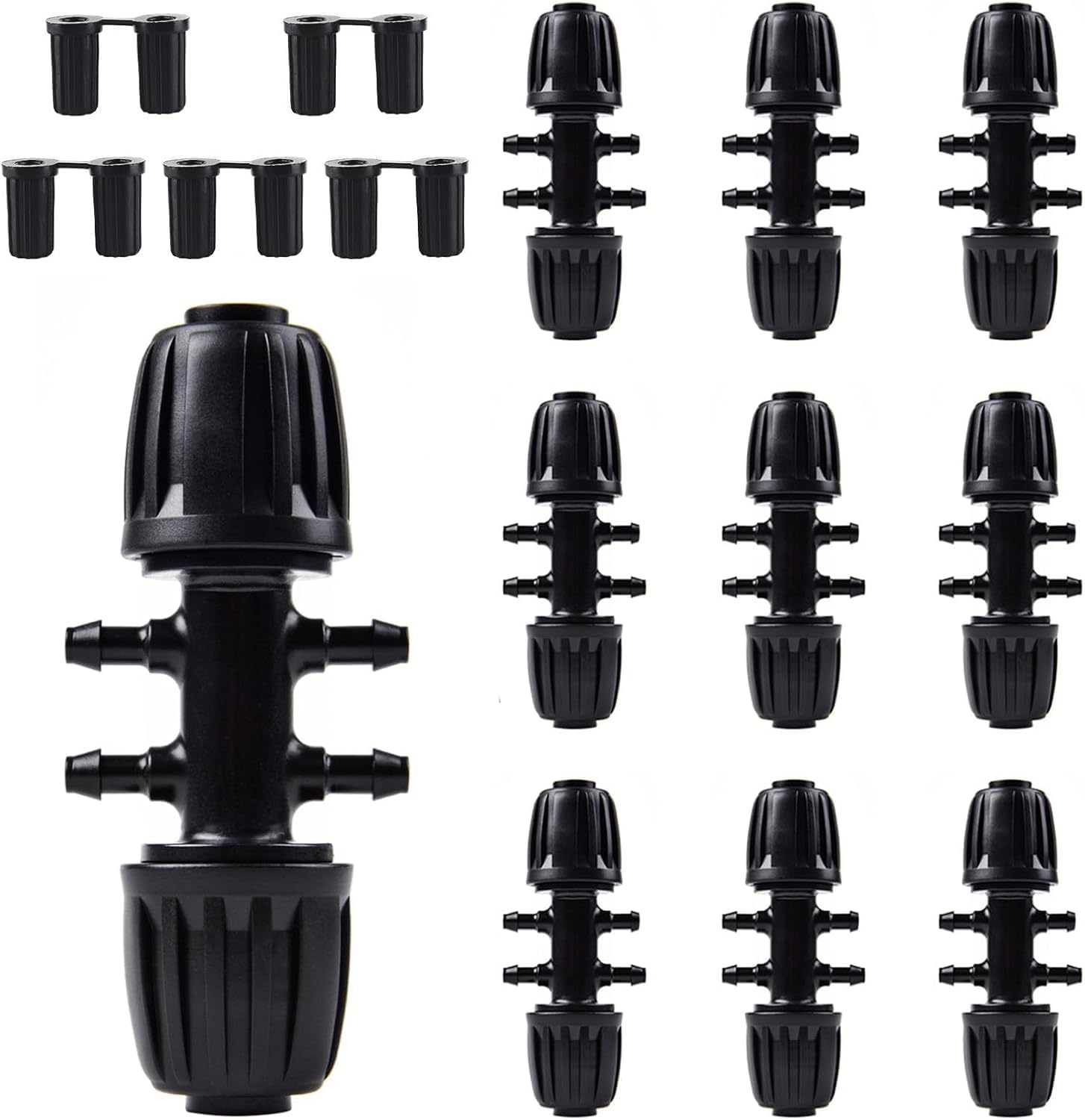 Kalolary barbed tee linking half-inch to quarter-inch tubing for neat, efficient drip irrigation.