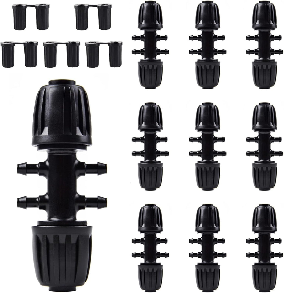 Kalolary barbed tee linking half-inch to quarter-inch tubing for neat, efficient drip irrigation.