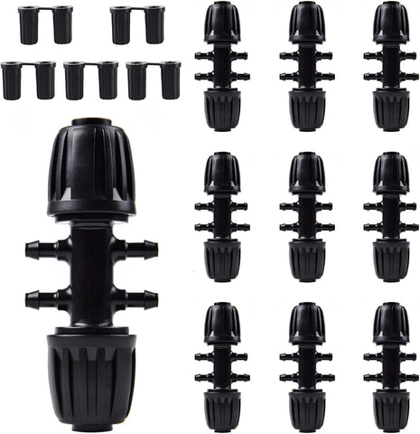 Kalolary barbed tee linking half-inch to quarter-inch tubing for neat, efficient drip irrigation.