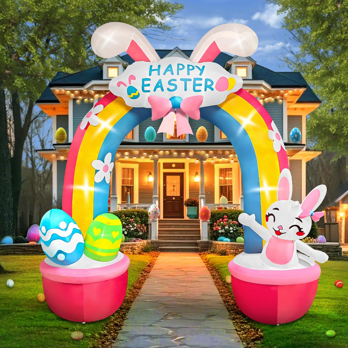 Kalolary bunny arch inflatable for Easter yard decor and festive curb appeal.