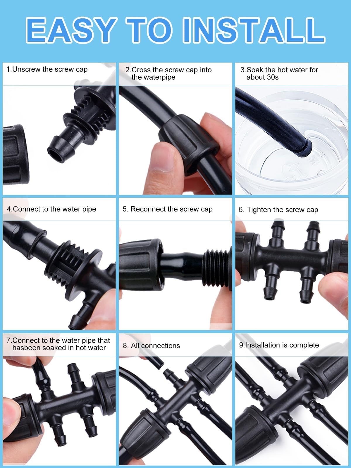 Kalolary six-way adapter supports multi-branch drip layouts.