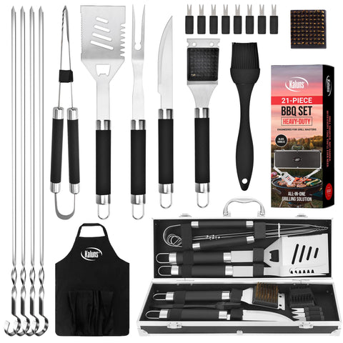 Kaluns 21-piece grill tool set in a case for convenient outdoor cooking.