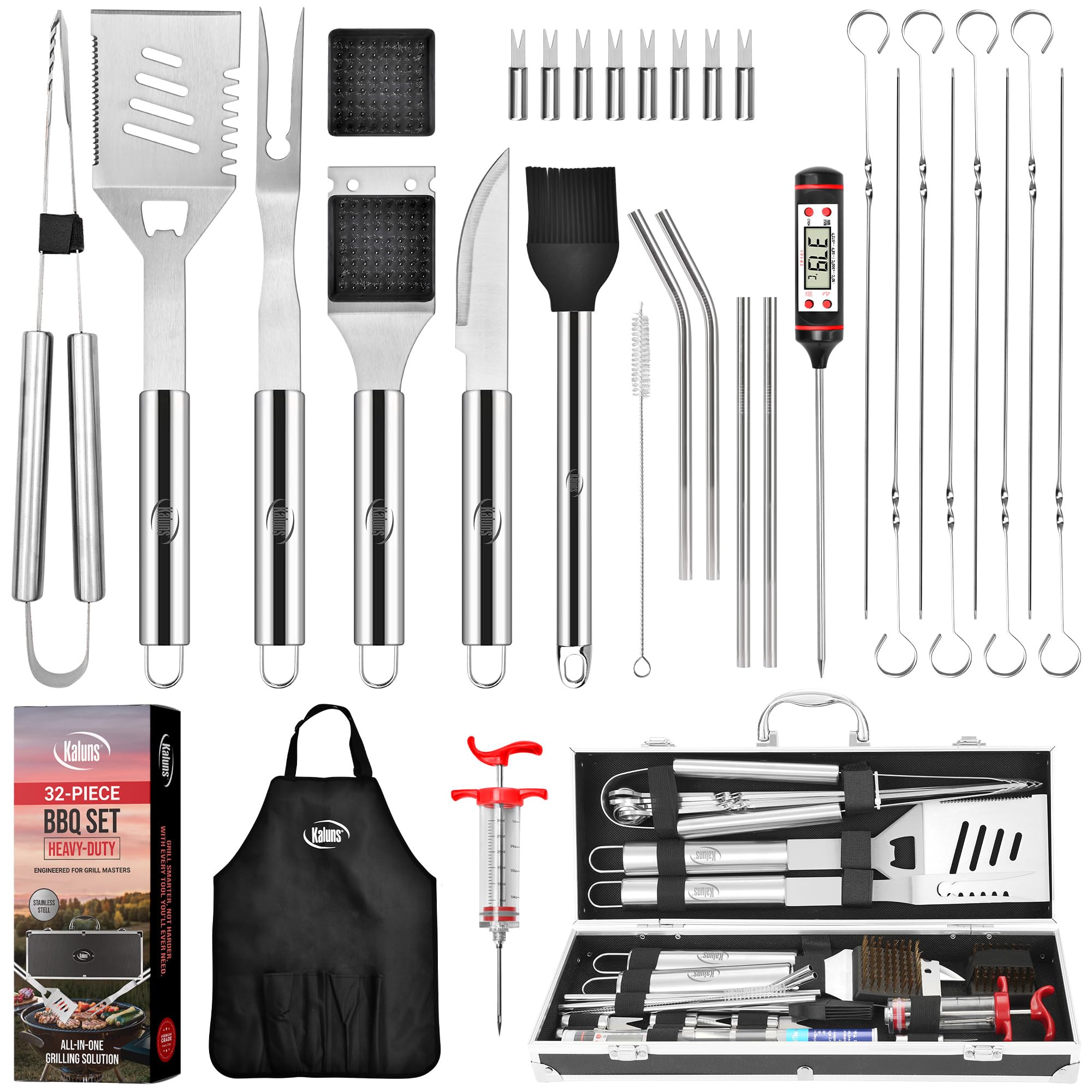 Kaluns 32-piece grilling set with storage case for outdoor barbecues.